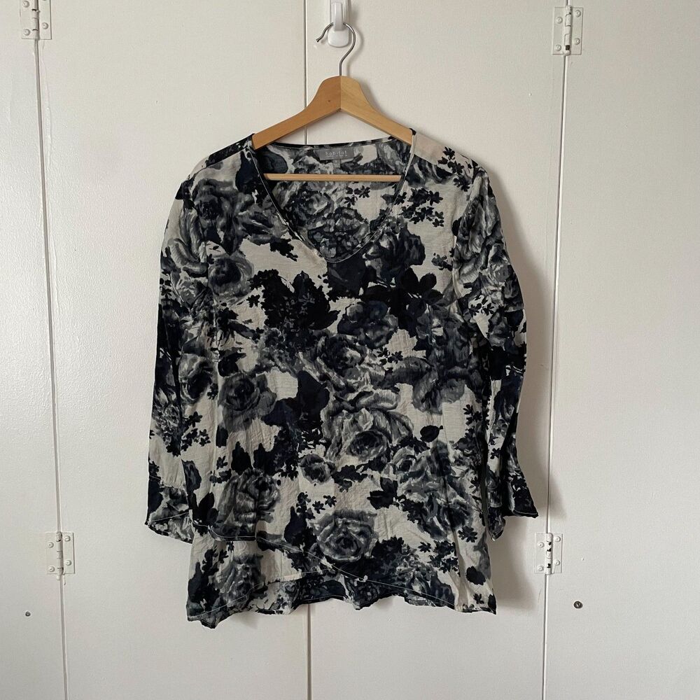 Habitat Art To Wear Lagenlook Black Grey White Floral Print Tulip Hem, Sz Medium